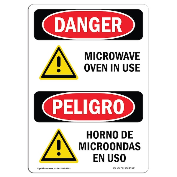 Safety Sign, OSHA Danger, 5" Height, Microwave Oven In Use Bilingual Spanish, 10PK